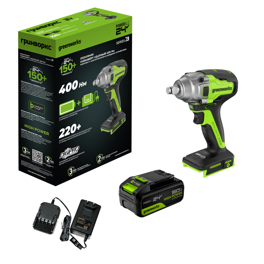 Гайковерт ударный акк. Greenworks GD24IW400, 24V,б/щет,1/2'', 400Нм,1х5Ач,ЗУ,кор (3802907CUG)