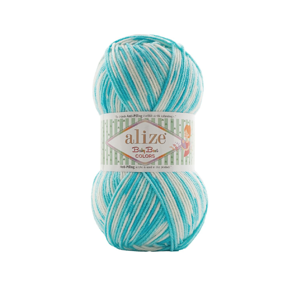 Беби бест колор (Baby best color) пряжа Alize 10% бамбук 90%акрил 5х100г/240м 8040 белый-бирюзовый