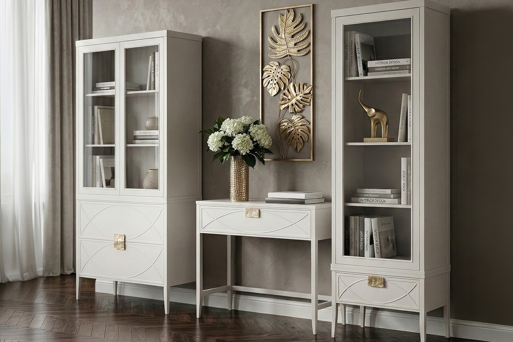 Шкаф-витрина 1 стеклянный фасад с тумбой прикроватной с 1-м ящиком Garda Decor