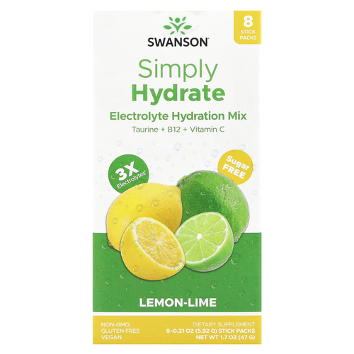 Swanson Vitamins, Simply Hydrate, смесь для гидратации электролитов, лимон и лайм, 8 пакетиков в виде стиков по 5,92 г (0,21 унции)