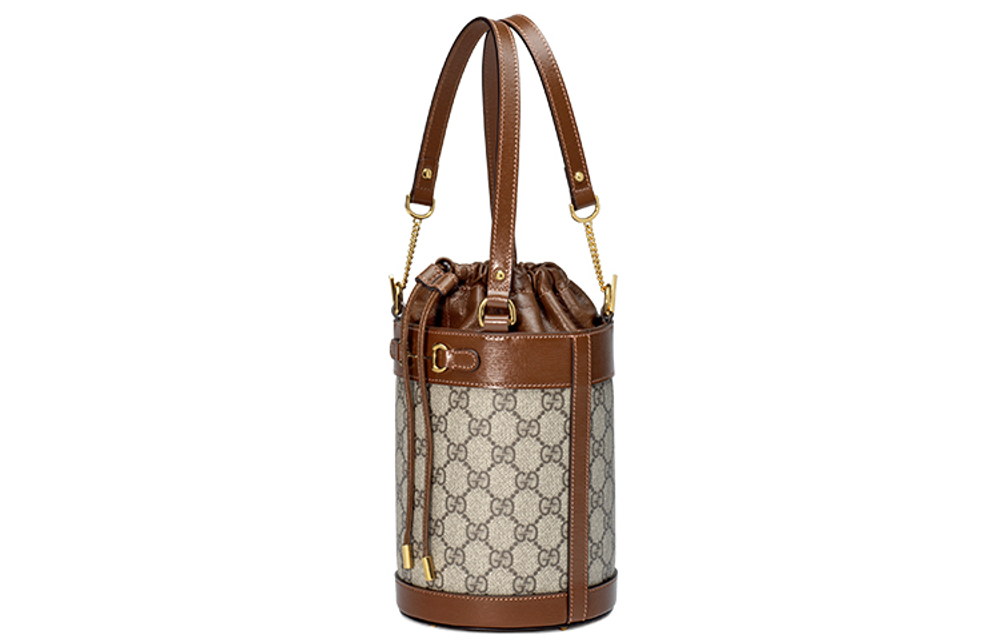 GUCCI Horsebit 1955 Canvas With Leather Bucket Bag, Shoulder Bag Small Women"s Ebony & Brown