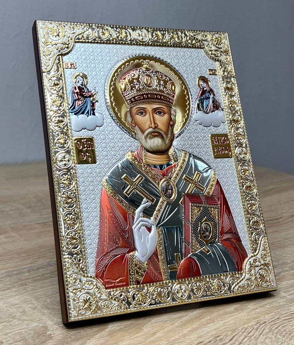 Николай Чудотворец, икона прямоугольная без рамки, красное дерево, эмаль 120х160