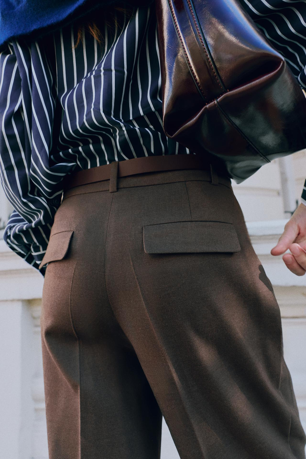 ZARA УКОРОЧЕННЫЕ БРЮКИ С РЕМНЕМ, СЕРО-КОРИЧНЕВЫЙ