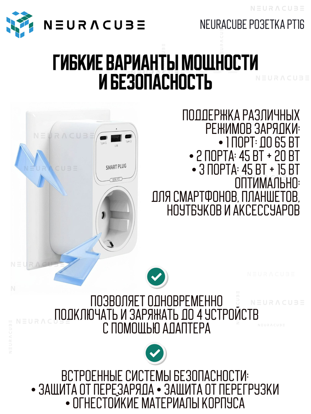 Умная WiFi розетка NEURACUBE TP16, 16A/3500Вт (С функцией быстрой зарядки)