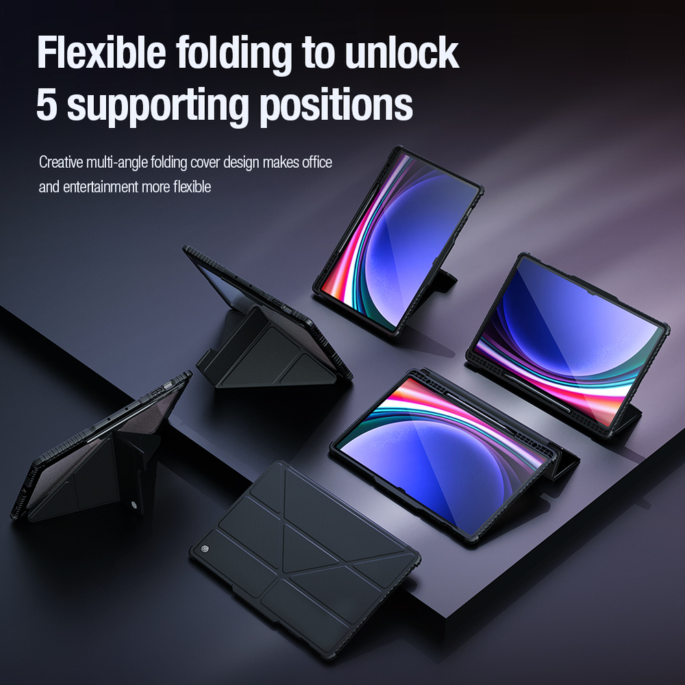 Чехол книжка от Nillkin для планшета Samsung Galaxy Tab S9 Ultra и Tab S10 Ultra, серия Bumper Pro Case-Multi Angle Folding Style, с защитной шторкой для камеры