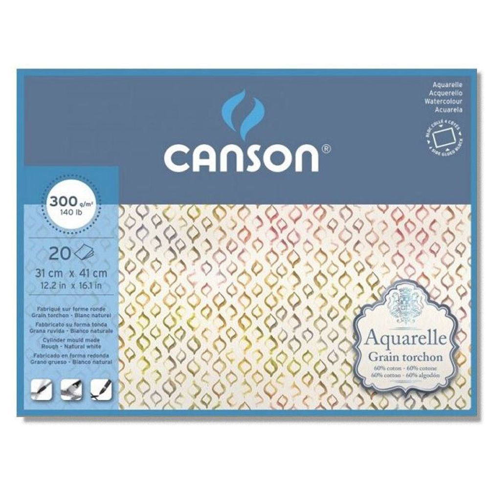 Блок для акварели AquarellCP Torchon 300 г/м², A3 41х31 см, склейка с четырех сторон 20 л, крупнозернистая, Canson