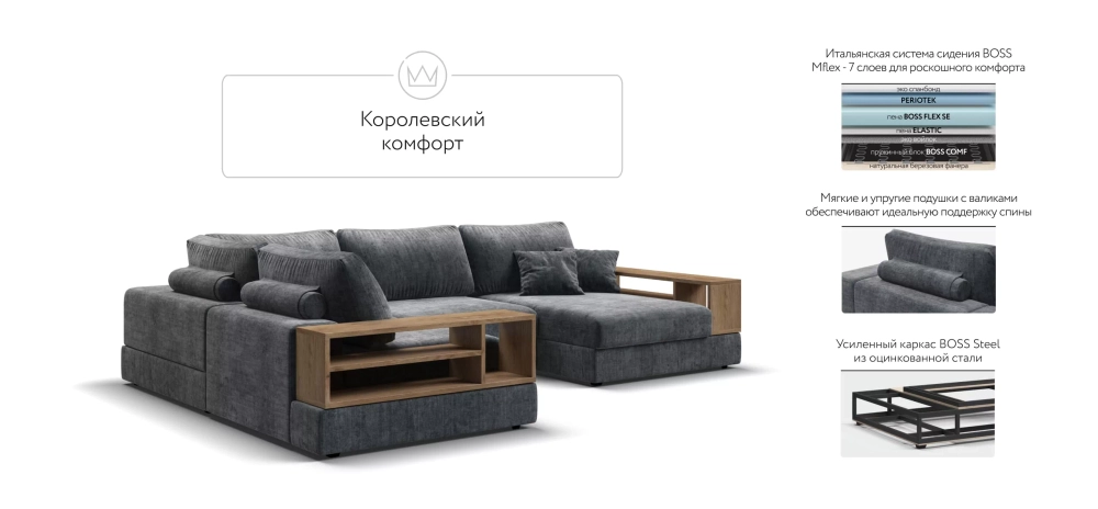 П-образный диван-кровать Босс Модуль левый, две полки, шенилл Глосс карбон
