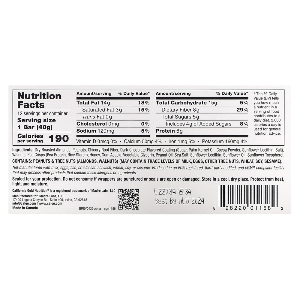 California Gold Nutrition, Foods, батончики с тёмным шоколадом, орехами и морской солью, 12 шт. по 40 г