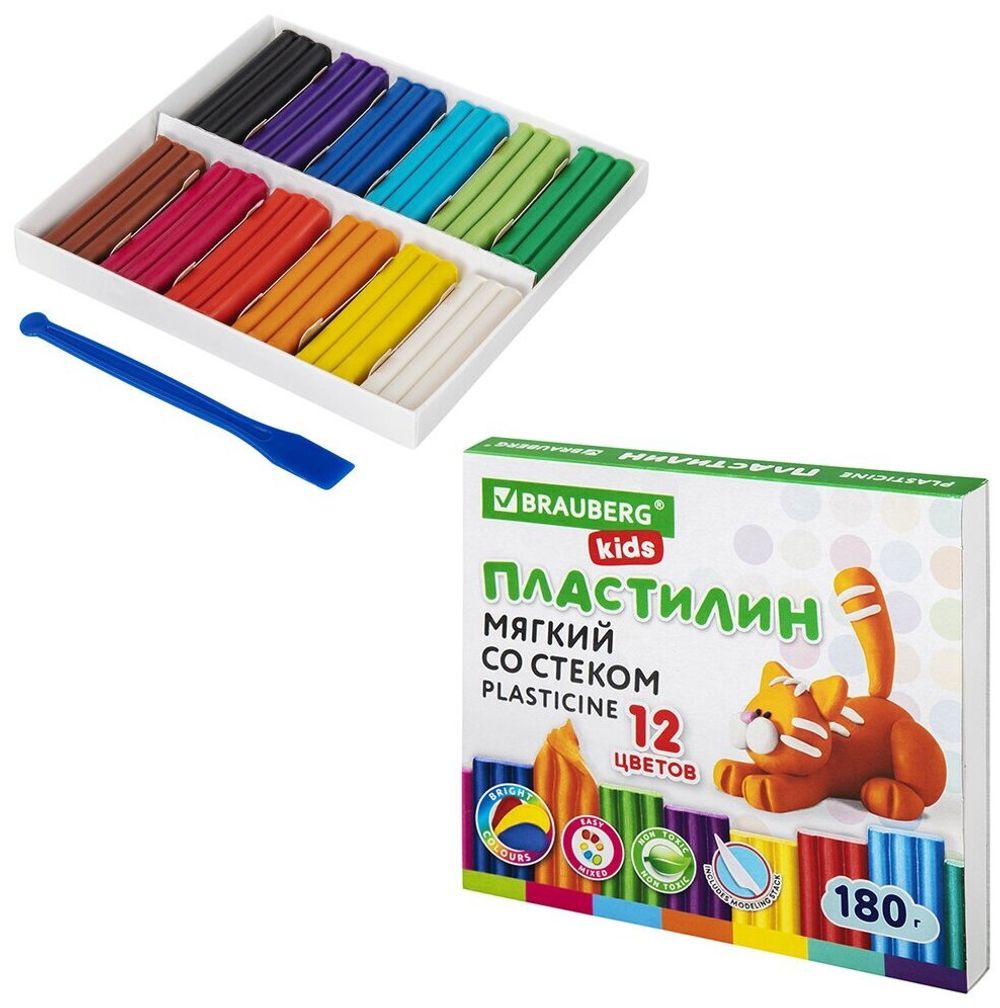Пластилин восковой BRAUBERG "МАГИЯ ЦВЕТА", 12 цветов, 180 г, со стеком, европодвес, 103307