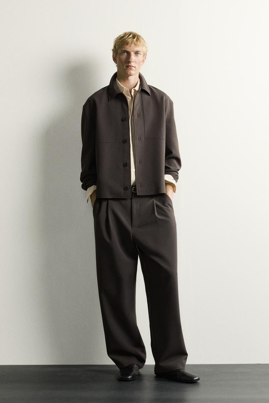 ZARA БРЮКИ RELAXED FIT СО СКЛАДКАМИ, СЕРО-КОРИЧНЕВЫЙ