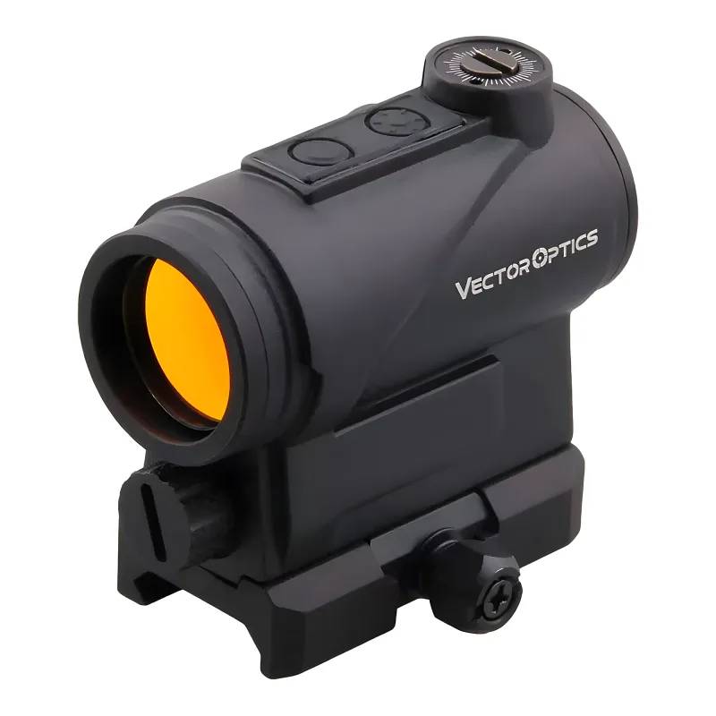 Коллиматор Vector Optics Centurion 1x20, точка 3 МOA красная - вид спереди сбоку, объектив с желтым покрытием