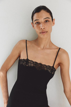 ZARA ТОП В РУБЧИК С КРУЖЕВОМ, ЧЕРНЫЙ