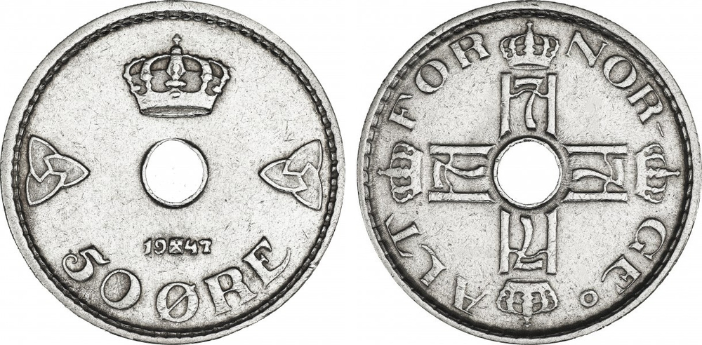 Норвегия 50 эре, 1947 Король Хокон VII XF