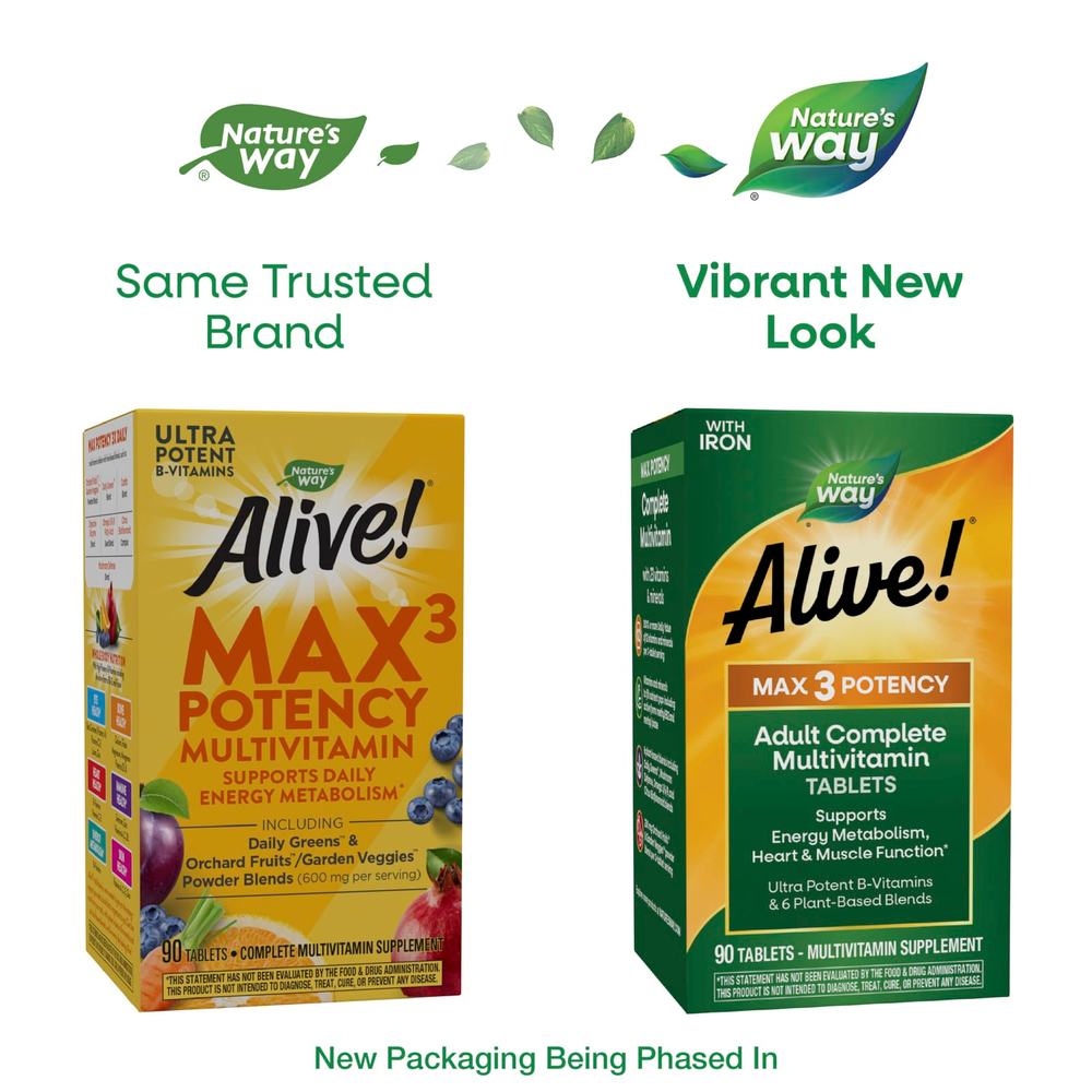 Nature's Way, Alive!® Max3 Potency, полный мультивитаминный комплекс для взрослых, с железом, 90 таблеток