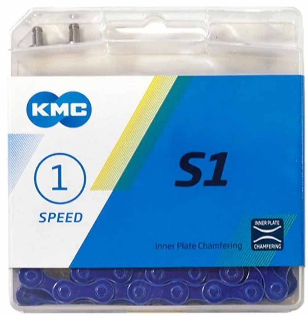 Цепь KMC S1 для 1 скорости, 1/2"х1/8", 112 звеньев, пин 8.7мм, с замком, синяя