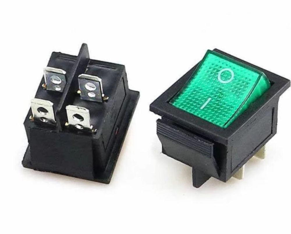 Выключатель зеленый 16А 250V, 20A 125V (4-х контакт.) клавишный