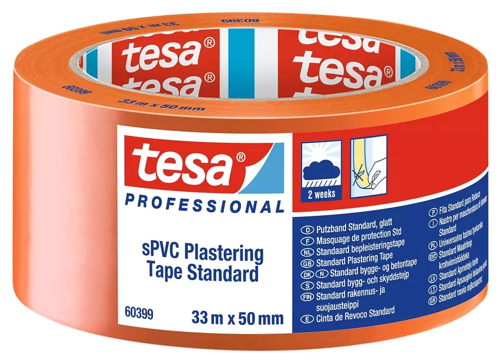 Малярная лента из ПВХ для штукатурных работ tesa® 60399, 33мХ50мм, оранжевая