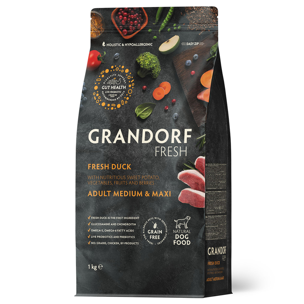 Беззерновой корм с живыми пробиотиками GRANDORF Fresh Dog Adult MED&MAXI Duck&Sweet Potato cвежее мясо утки с бататом 3 кг