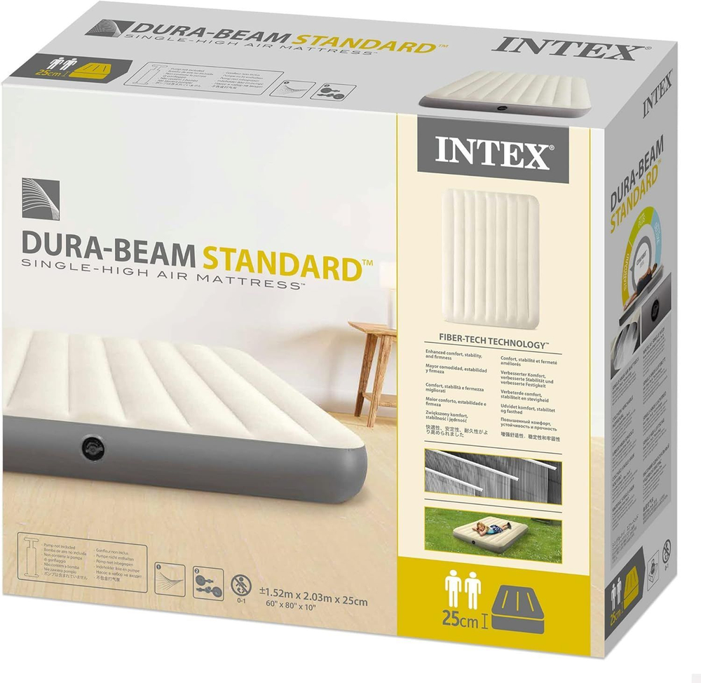Мaтрас нaдувной Intex 64144 Pillow Rest King 183х203х25 см / Крoвать нaдувная Интeкс двухспальная велюровая королевского размера со встроенным подголовником