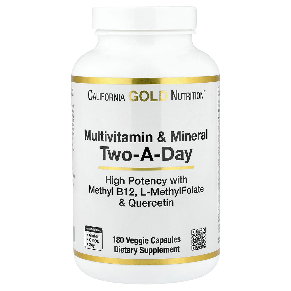 California Gold Nutrition, мультивитамины и минералы с метилом B12, витамином C, L-метилфолатом и биокверцетином, для приёма два раза в день, 180 растительных капсул