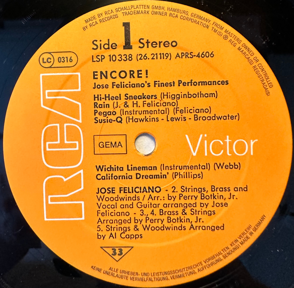 Jose Feliciano - Encore! Jose Feliciano's Finest Performances (Германия 1971г.)