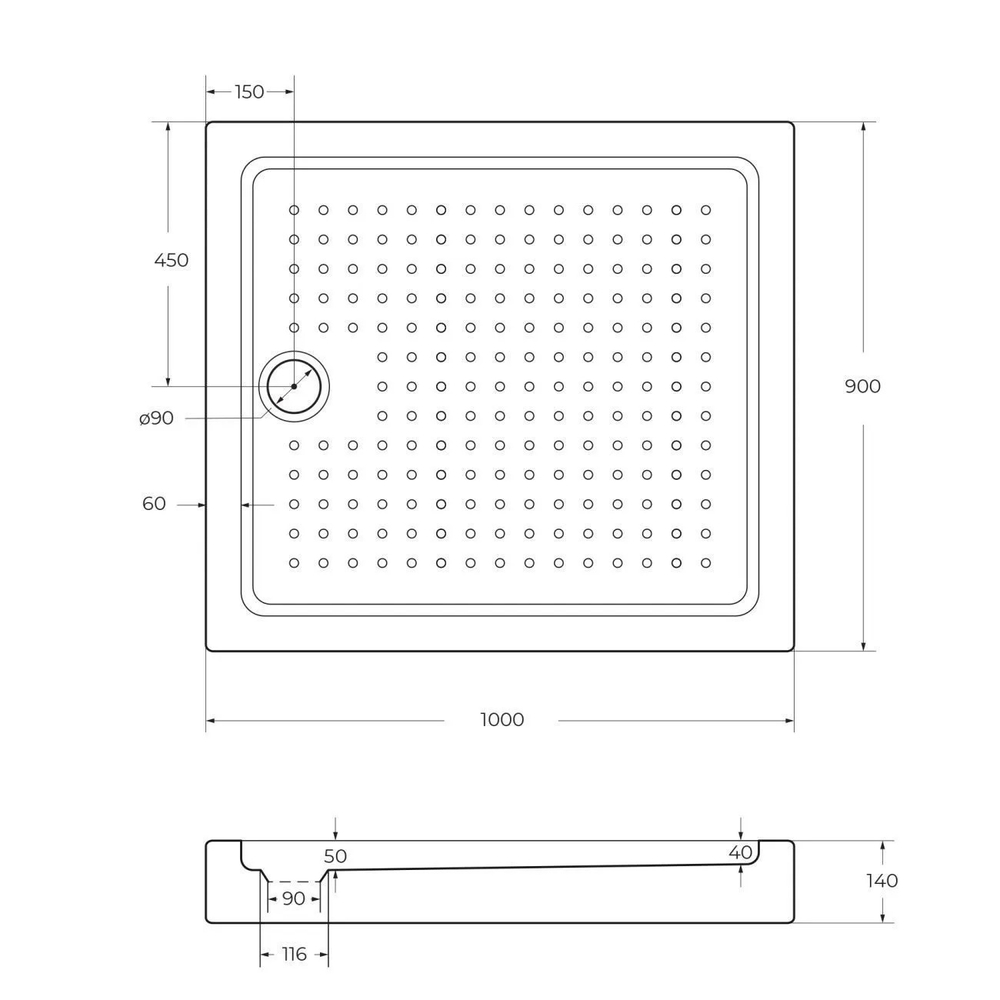 Поддон акриловый 100х90 Cezares TRAY-A-AH-100/90-15-W с сифоном