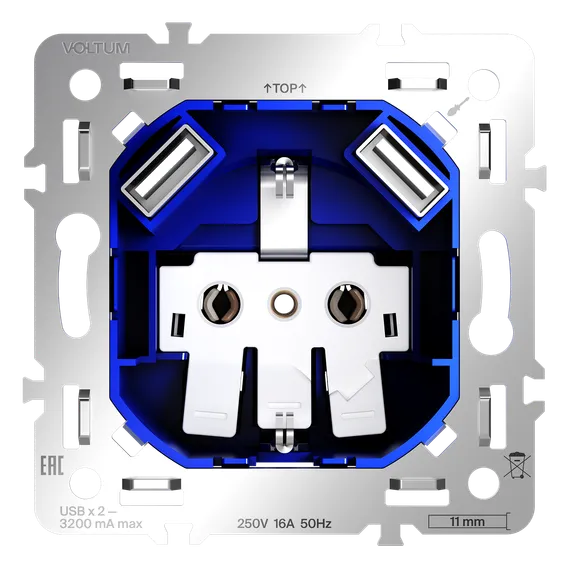 Механизм розетки с заземлением и защитными шторками , с USB A+A Voltum S70 VLS0404M