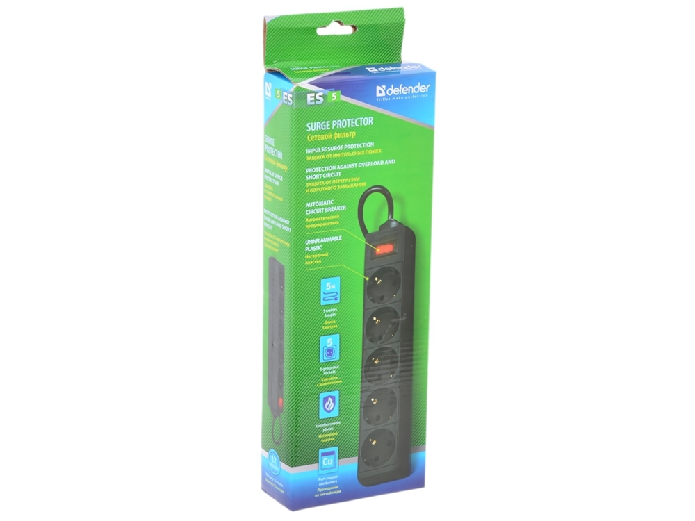 Фильтр сетевой Defender ES, 5,0 м Black (5 розеток)