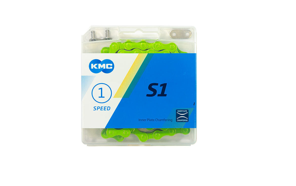 Цепь KMC S1 для 1 скорости, 1/2"х1/8", 112 звеньев, пин 8.6мм, с замком, зеленая