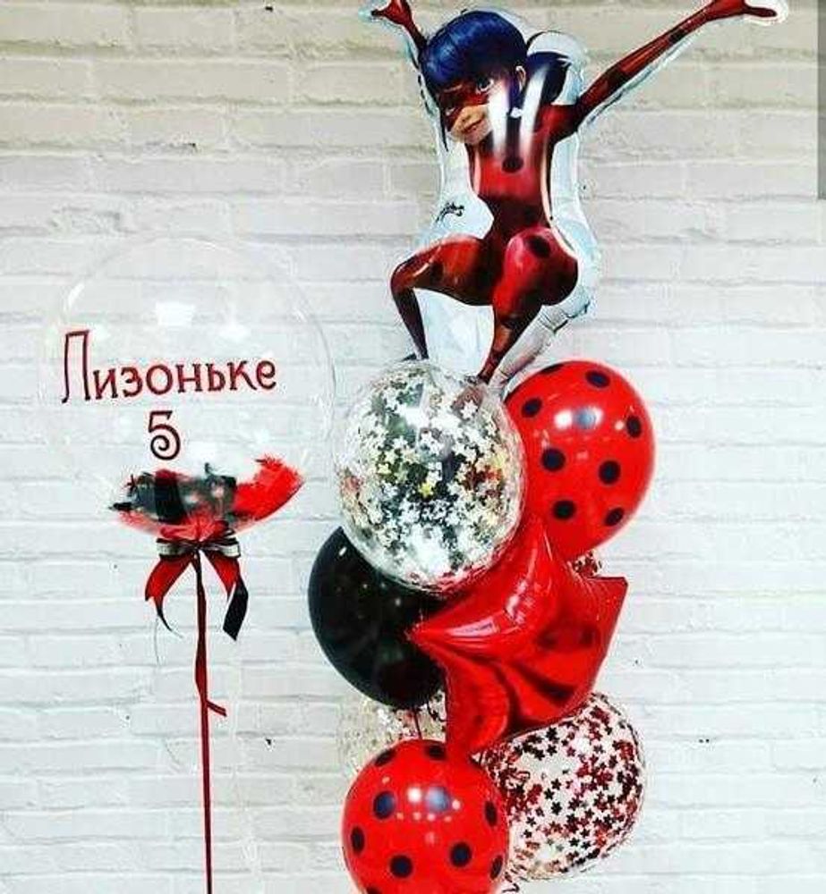 прозрачный шар с перьями, фольгироввнная фигура Леди Баг, шары на 5 лет прозрачный шар с перьями, фольгироввнная фигура Леди Баг, шары на 5 лет