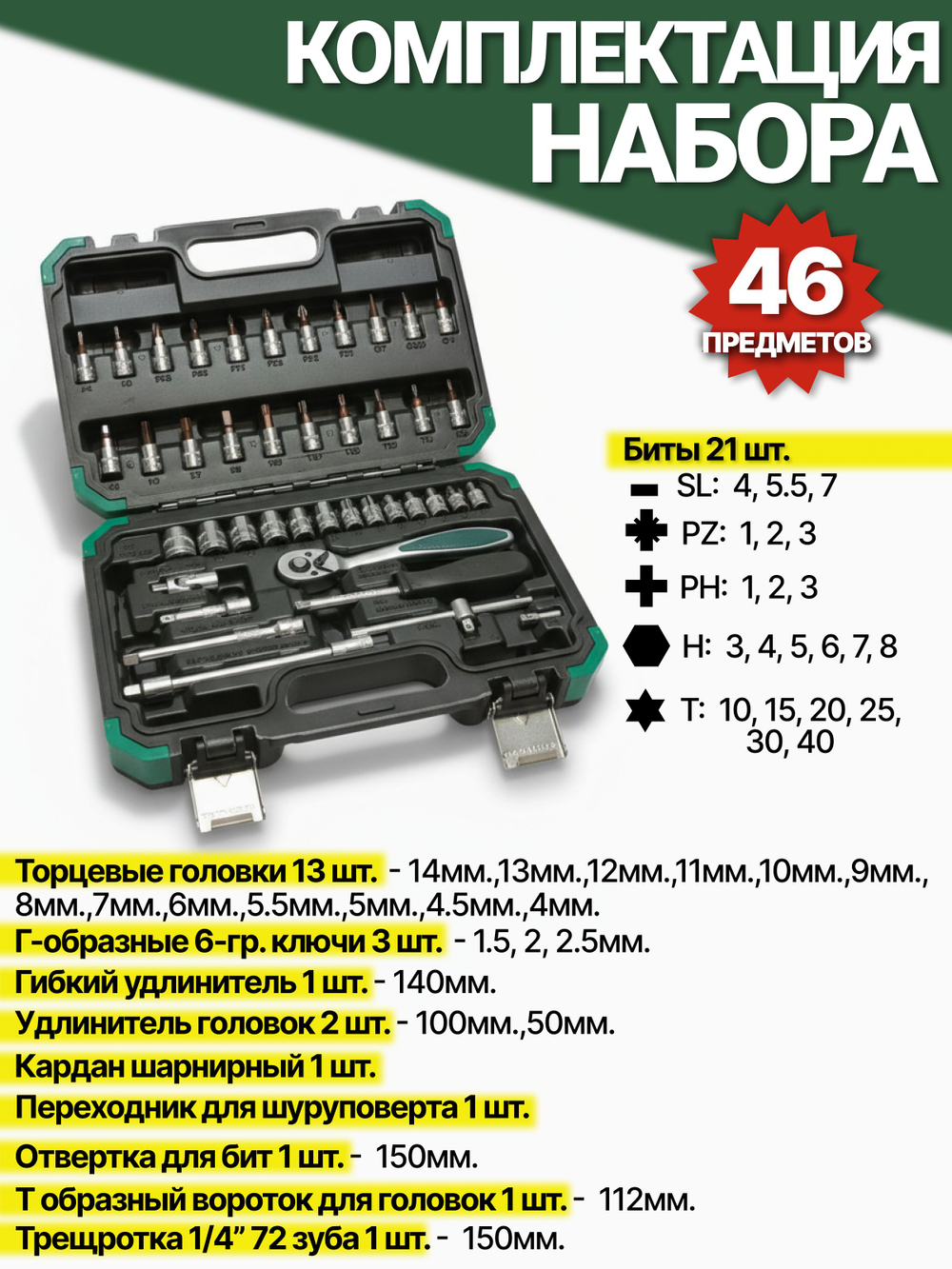 Набор инструментов для автомобиля HES FORCE (46 предметов)