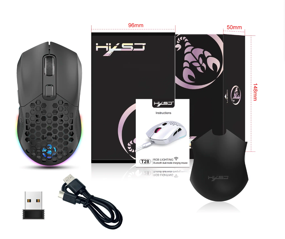 Игровая мышь беспроводная HXSJ T28WB с RGB подсветкой, 4800 DPI
