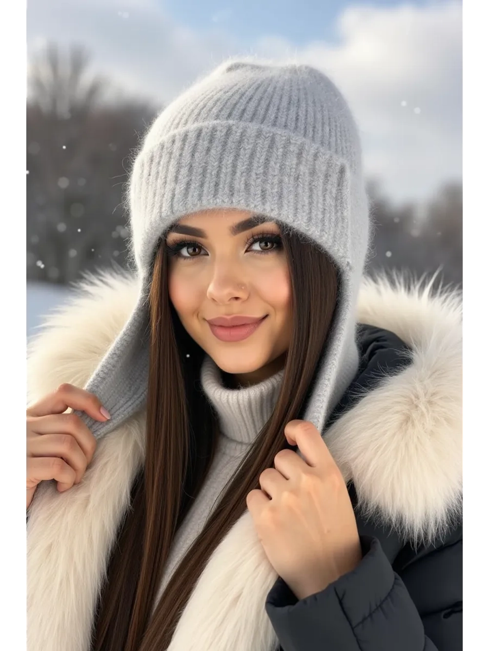шапка ушанка вязаная зимняя ангора пушистая