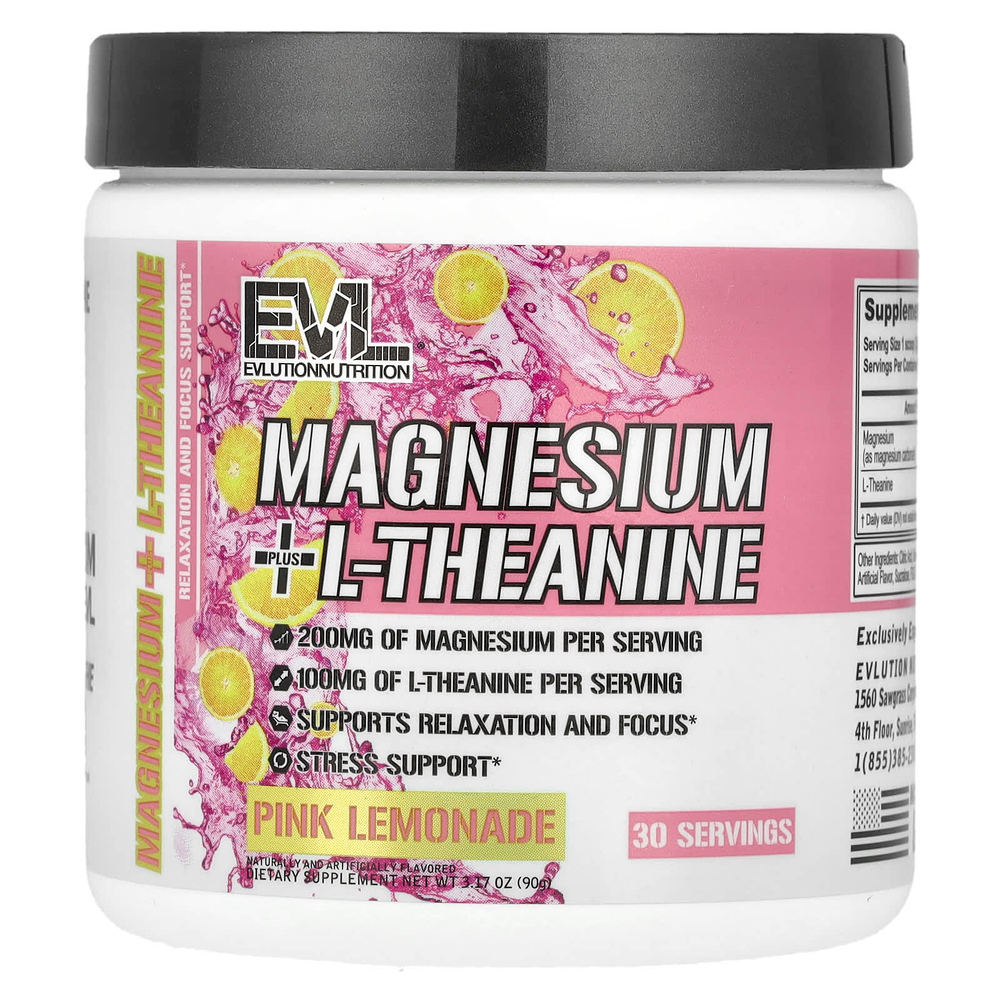 EVLution Nutrition, магний и L-теанин, со вкусом розового лимонада, 90 г (3,17 унции)