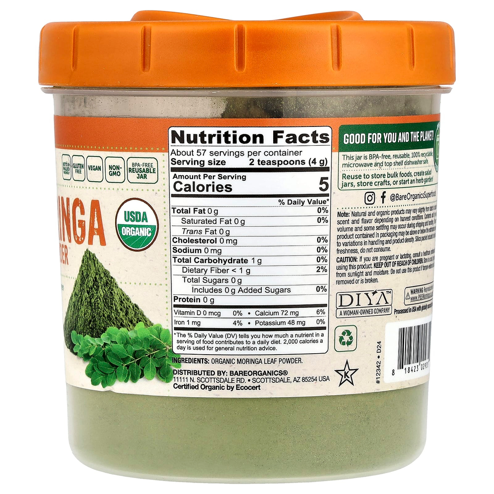 BareOrganics, Органический порошок из листьев моринги, 227 г (8 унций)