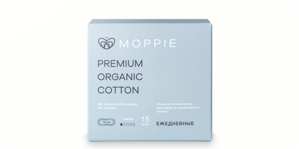 Прокладки ежедневные Moppie premium organic cotton 15 шт (голубые) Прокладки ежедневные Moppie premium organic cotton 15 шт (голубые)