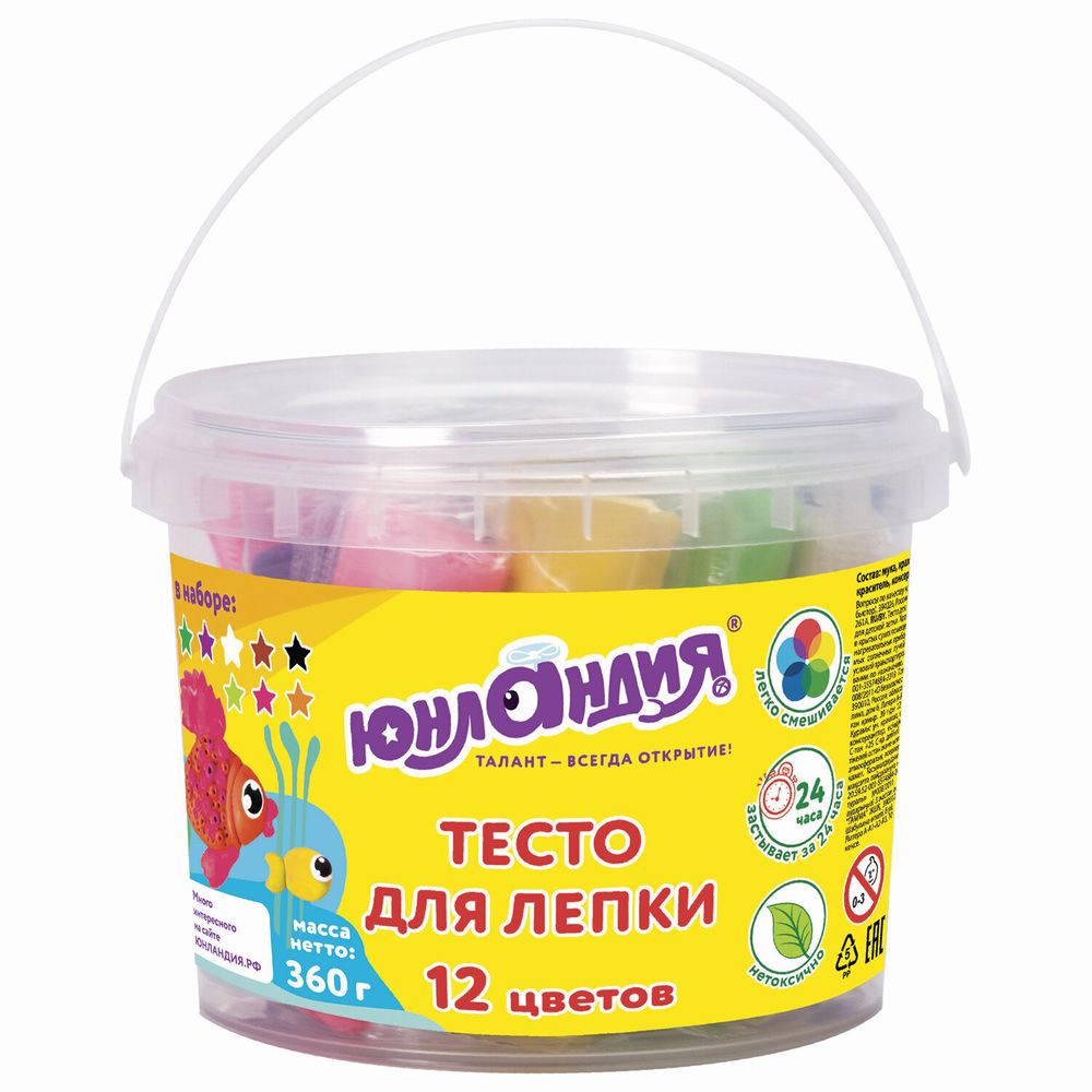 Пластилин на растительной основе (тесто для лепки) ЮНЛАНДИЯ, 12 цветов, 360 г, ведерко, 105504