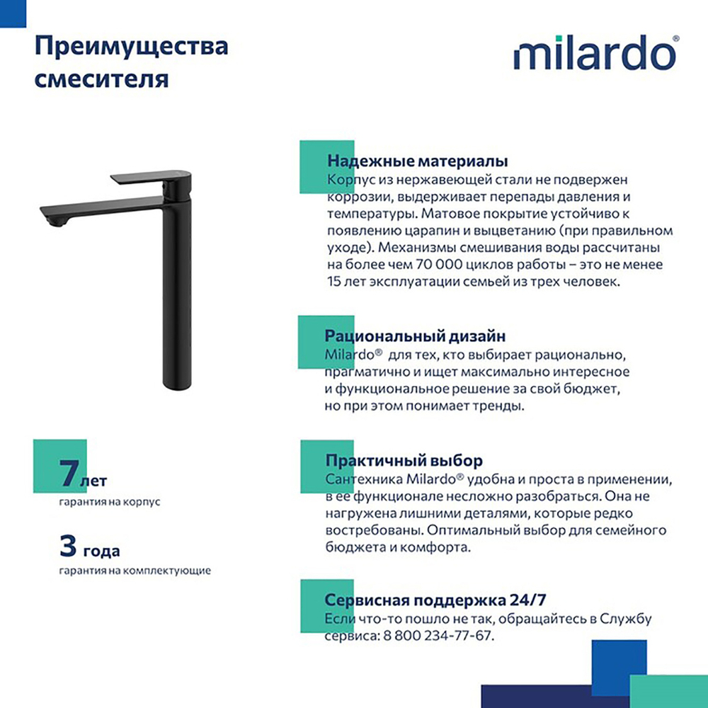 Смеситель для раковины 35к Milardo MAZBL01M01 Мейз (Maze) высокий,нерж.сталь, п/гайку,ЧЕРНЫЙ матовый