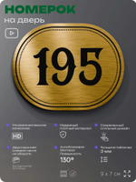 Номерок на дверь квартиры 195, для кабинета, офиса, шильдик 9 х 7 см, золотистый, Айдентика Технолоджи