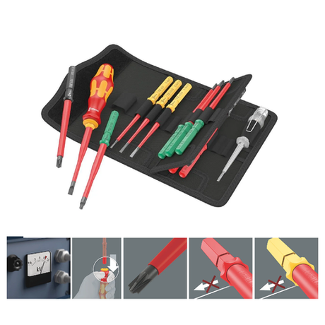 АКЦИЯ! Набор бит с битодержателем 16 предметов WERA Kraftform Kompakt VDE 16 extra slim 1 Tool Finder Насадки с отвёрткой-битодержателем и пробник, в поясной сумке WE-006608