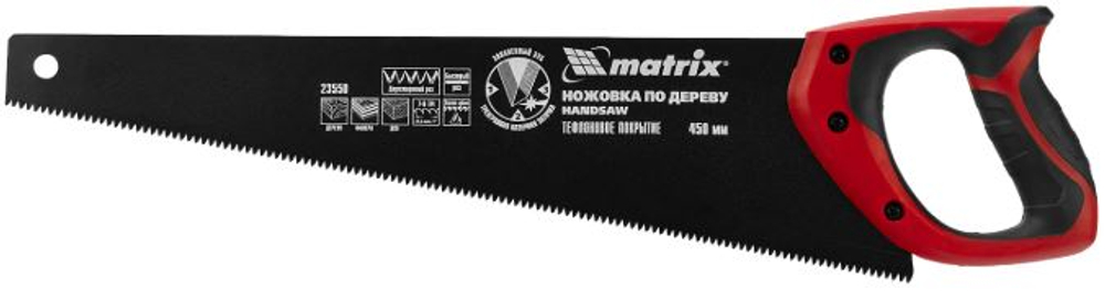 Ножовка по дереву тефлоновое покрытие, 450 мм. 7-8TPI каленый зуб 3D, Matrix 23550