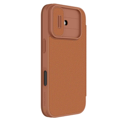 Кожаный чехол книжка коричневого цвета для iPhone 17, серия Qin Pro Leather с обновленной сдвижной шторкой от Nillkin