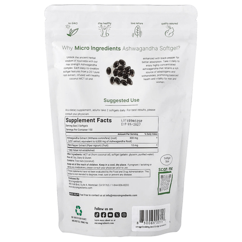 Micro Ingredients, ашваганда, 300 мягких таблеток