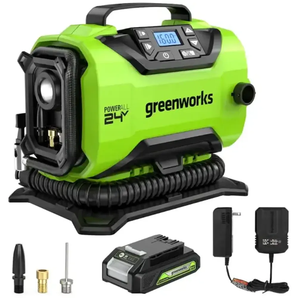 Компрессор автомобильный аккумуляторный Greenworks Арт. 3400807UA, 24V / 12V (от прикуривателя автомобиля), c АКБ 2Ач и ЗУ в сумке