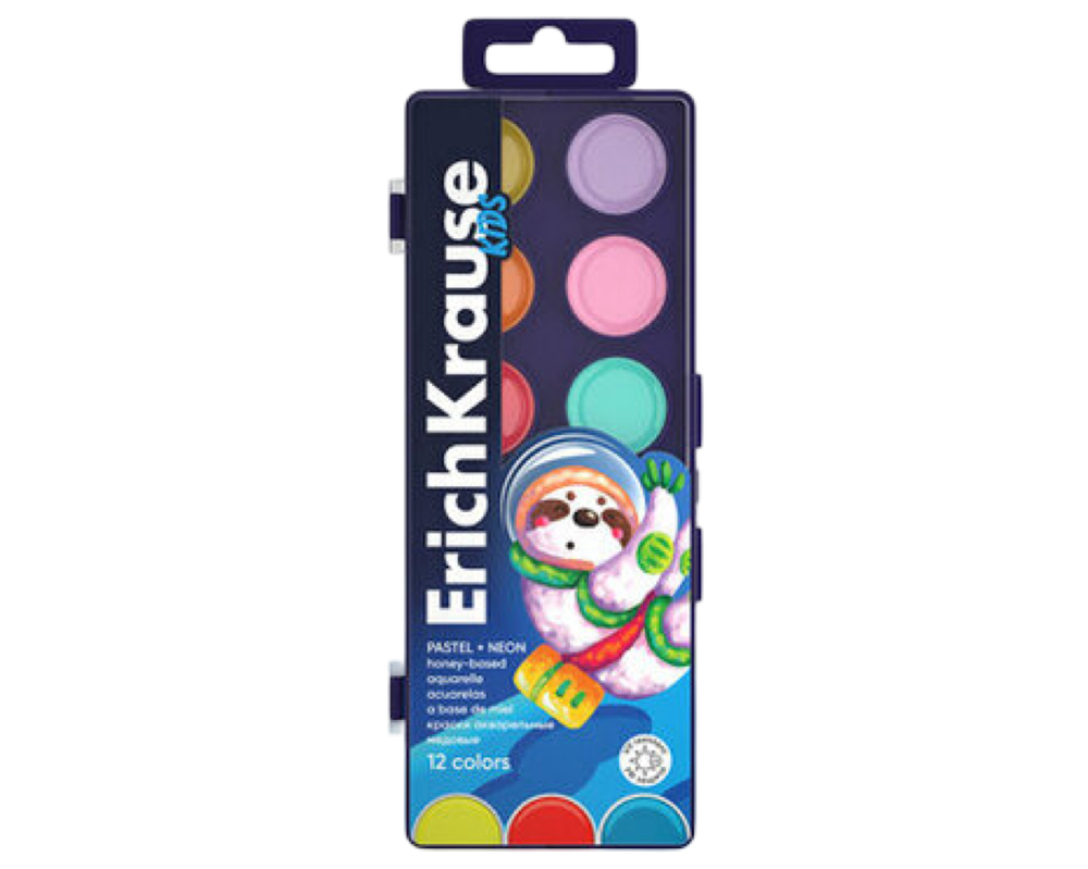Краски акварельные ErichKrause Kids Space Animals Neon+Pastel медовые с УФ защитой яркости 12 цветов (в пластиковой коробке с европодвесом) Арт-61364