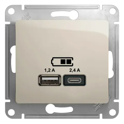 GLOSSA USB РОЗЕТКА А+С, 5В/2,4А, 2х5В/1,2А, механизм, МОЛОЧНЫЙ