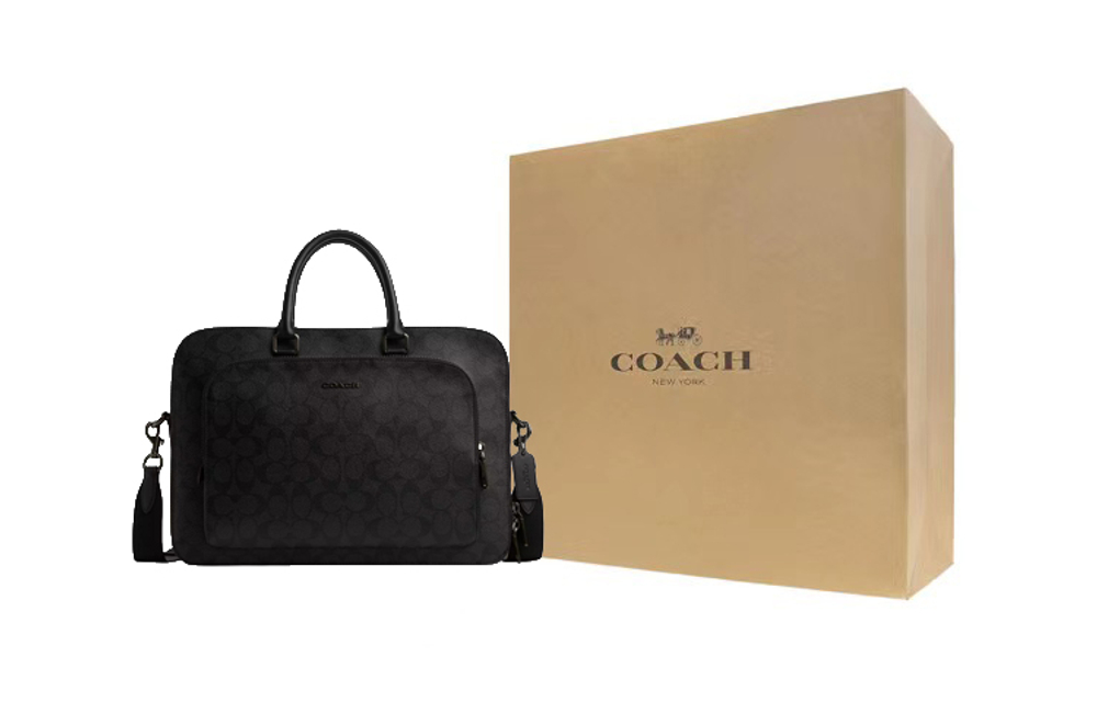 COACH ETHAN Coated Canvas With Smooth Calfskin Briefcase, Shoulder Bag, Crossbody Bag, Handbag Large Men"s Black