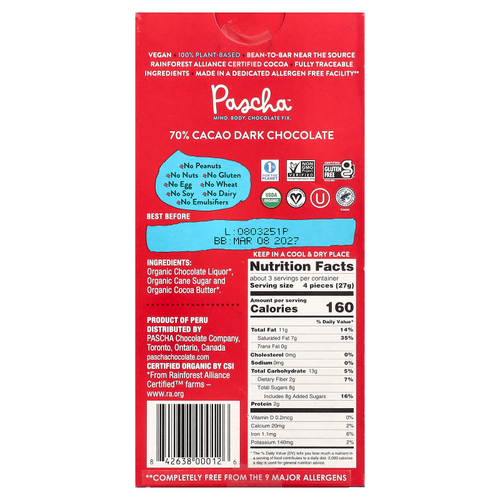 Pascha, органический темный шоколад, классический темный, 70% какао, 80 г (2,82 унции)