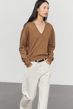 Massimo Dutti Свитер из смесовой шерсти с V-вырезом, цвет верблюжьей шерсти
