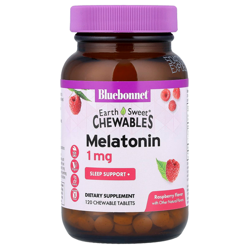 Bluebonnet Nutrition, Earth Sweet®, жевательные таблетки, мелатонин, малина, 1 мг, 120 жевательных таблеток